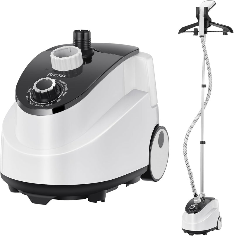 Professional Steamer for Clothes, Reemix Standing Steamer with Garment Hanger, Heats in 30 Seconds, Large Detachable Water Tank for 1 Hour Continuous Steaming, Includes Easy-roll Wheels