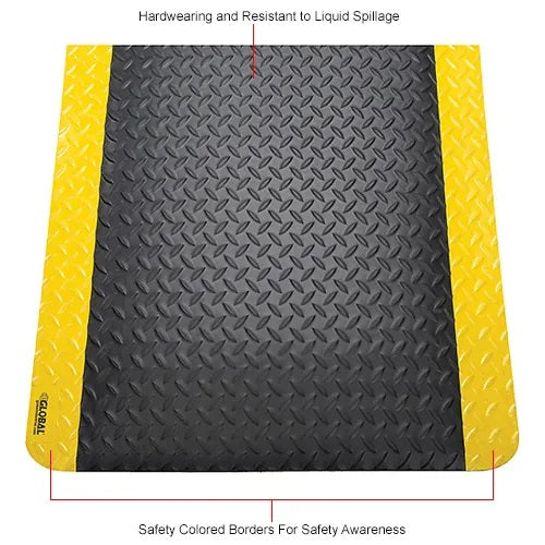 Global Industrial™ Diamond Plate Anti Fatigue Mat, 15/16" Thick, 2'W x 3'L, Black/Yellow Border