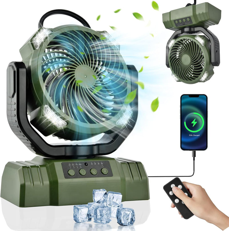 Camping Fan with LED Light, 10000mAh Rechargeable Battery, 4 Speeds & Timers - Portable Desk Fan with Remote Control for Camping, Emergency, Jobsite (Green)
