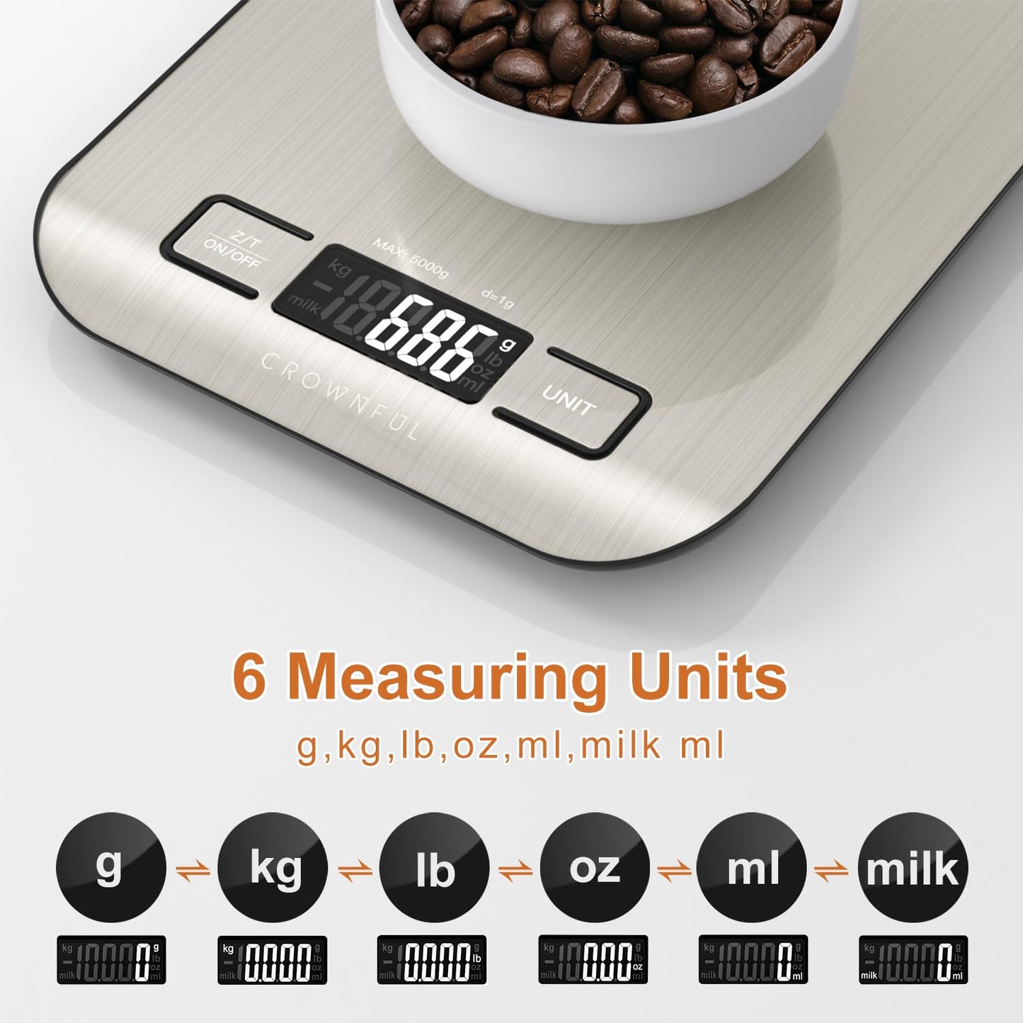 CROWNFUL Food Scale, 11lb Digital Kitchen Scales Weight Ounces and Grams for Cooking and Baking, 6 Units with Tare Function (Battery Included)