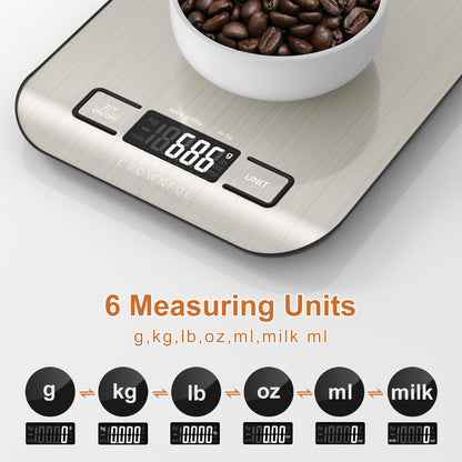 CROWNFUL Food Scale, 11lb Digital Kitchen Scales Weight Ounces and Grams for Cooking and Baking, 6 Units with Tare Function (Battery Included)