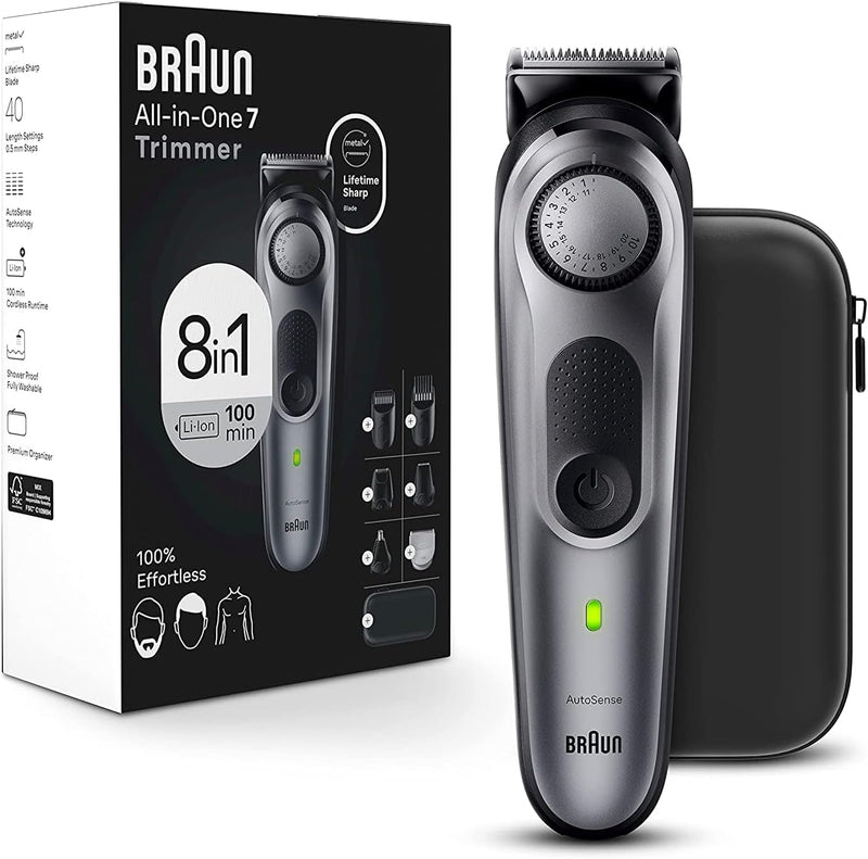 Braun All-in-One Style Kit Series 7 7410, 100% Waterproof 8-in-1 Beard & Body Trimmer for Manscaping, with 8 tools and 100-minute Cordless Runtime