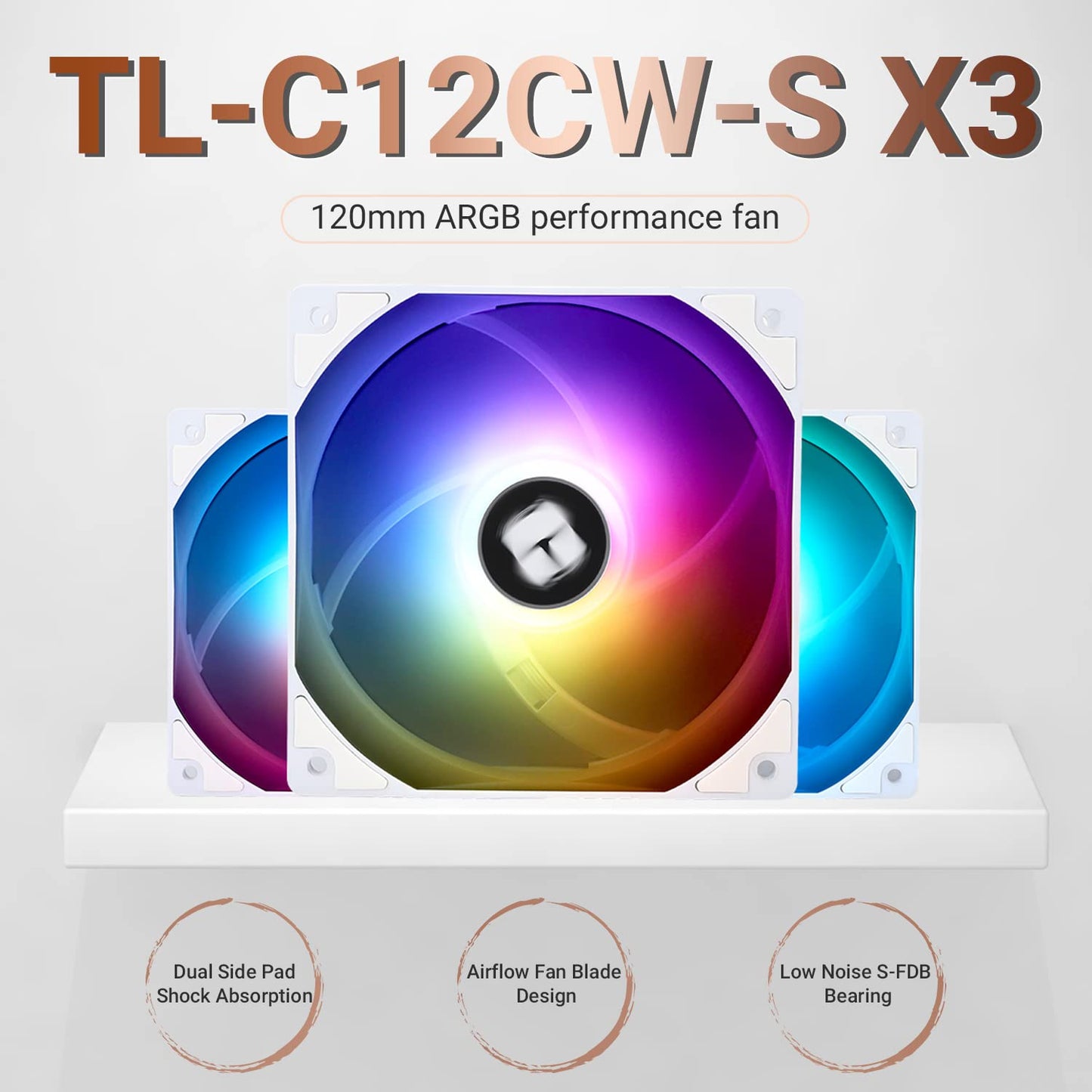 Thermalright TL-C12CW-S X3 CPU Fan 120mm White ARGB Case Cooler Fan, 4pin PWM Silent Computer Fan with S-FDB Bearing Included, up to 1500RPM Cooling Fan（3 Quantities）