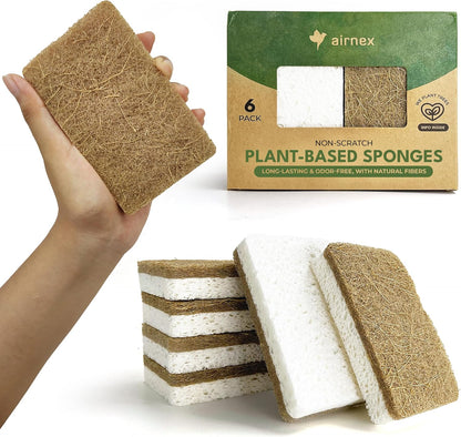 AIRNEX 6 Pack Biodegradable Natural Kitchen Sponges - Eco Friendly Cellulose and Coconut Dish Scrubbers - Odourless, Non Scratch Dual Sided Multipurpose Sponges