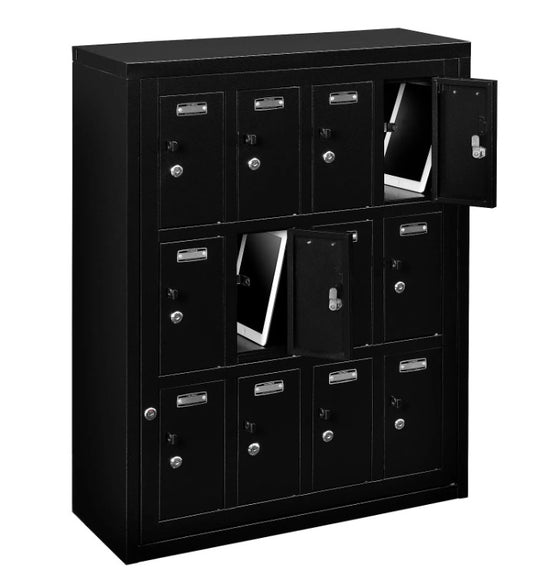 Global Industrial™ 3-Tier 12 Door Locker w/ Key Lock, 28-1/2"Wx11-1/4"Dx38"H, Black, Assembled