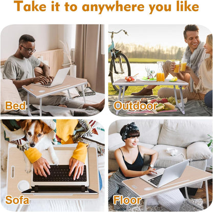 Amaredom Laptop Bed Desk Tray Bed Table, Foldable Portable Lap Desk Notebook Stand Reading Holder with Storage Drawer and Cup Holder for Eating Breakfast on Bed/Couch/Sofa-White Oak