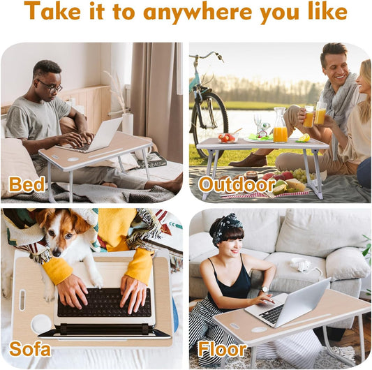 Amaredom Laptop Bed Desk Tray Bed Table, Foldable Portable Lap Desk Notebook Stand Reading Holder with Storage Drawer and Cup Holder for Eating Breakfast on Bed/Couch/Sofa-White Oak