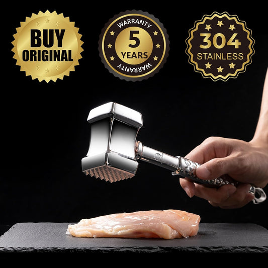 Stainless Steel Meat Tenderizer Mallet - Premium Hammer for Chicken, Conch, Veal Cutlets, Beef & Steak - Kitchen Pounder Flattener With Non-Slip Grip - 5 Years Warranty - PuriLite