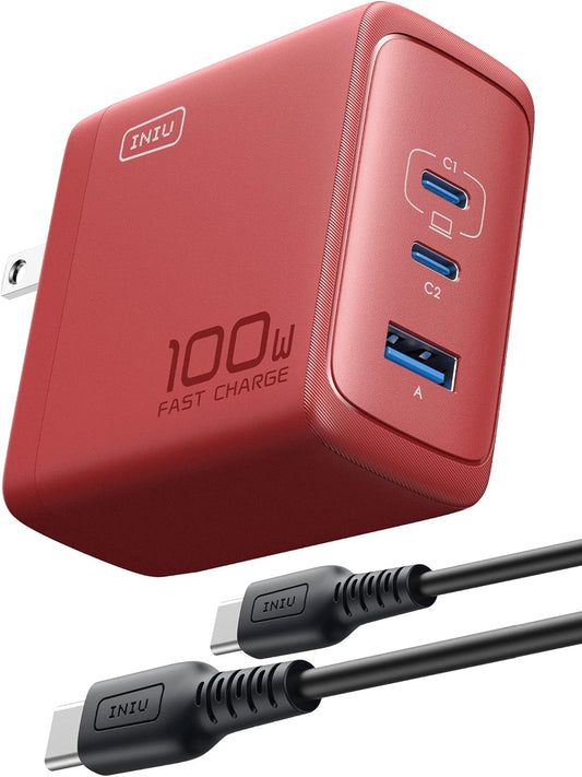 USB C Charger, INIU 3-Port 100W GaN Charger, Compact Foldable PD PPS USB C Wall Charger Block for MacBook Pro/Air, iPad Pro, Galaxy S23, Dell XPS 13, Note 20/10+, iPhone 16/15, Steam Deck, Red