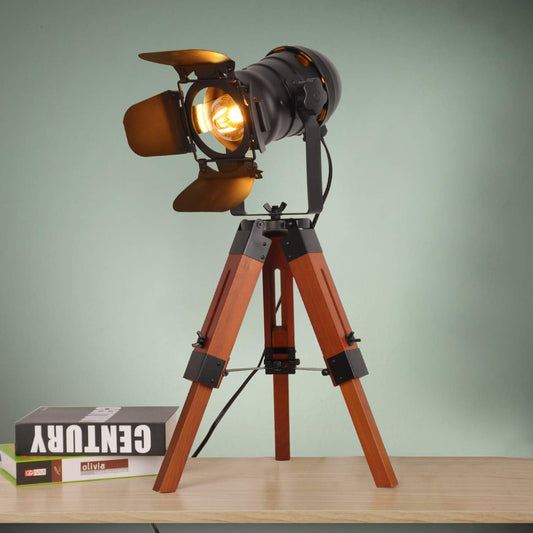 Decoluce Industrial Tripod Floor Table Lamp Vintage Wood Cinema Searchlight Standing Lighting Fixtures Nautical Spotlight Decorations-Not Include E26 Bulbs (Cinema) - PuriLite