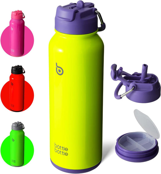 BOTTLE BOTTLE 40 oz Sports Water Bottle Stainless Steel Insulated with Straw and Pill Holder (Neon Yellow)