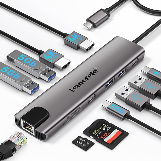Lemorele 11 in 1 USB C Laptop Docking Station Dual Monitor Hub Adapter w/ 2 HDMI 4K, 100W PD, Ethernet, SD/TF, 2 USB 3.0, 2 USB 2.0, USB C 3.0 Data, for MacBook Pro/Air, (Thunderbolt 3) Type C