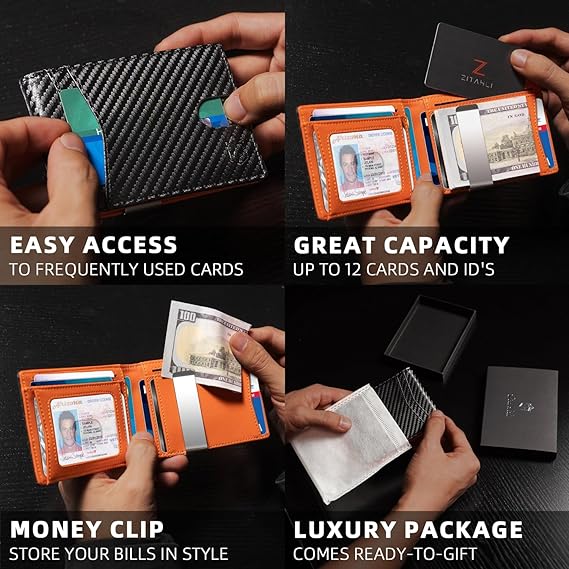 Slim RFID Wallet for Men, Zitahli Minimalist Leather Bifold Wallet with Money Clip, 12 Card Slots & ID Window, Front Pocket Mens Wallet with Gift Box - PuriLite