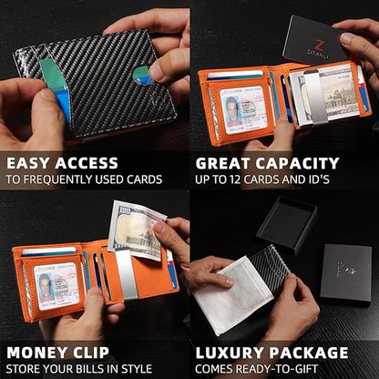 Slim RFID Wallet for Men, Zitahli Minimalist Leather Bifold Wallet with Money Clip, 12 Card Slots & ID Window, Front Pocket Mens Wallet with Gift Box - PuriLite