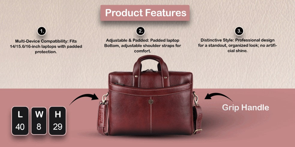 Hammonds LB122 Premium Cow Leather Laptop Bag for Men | Genuine Cow Leather Office Bag | 16-Inch Business Laptop Bag | Professional Work Bag | Corporate Gift Bag - PuriLite