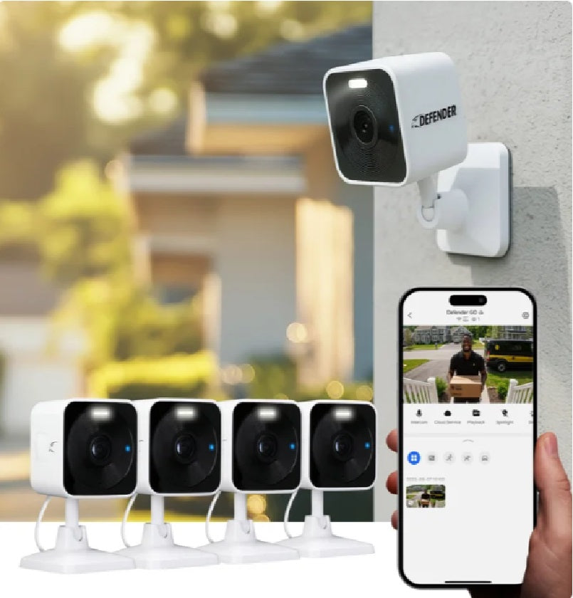 Defender GO 2K AI Powered Plug-in Indoor/Outdoor Wi-Fi Security Cameras, 4-pack - PuriLite