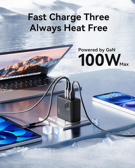 USB C Charger, INIU 3-Port 100W GaN Charger, Compact Foldable PD PPS USB C Wall Charger Block for MacBook Pro/Air, iPad Pro, Galaxy S23, Dell XPS 13, Note 20/10+, iPhone 16/15, Steam Deck, Red - PuriLite