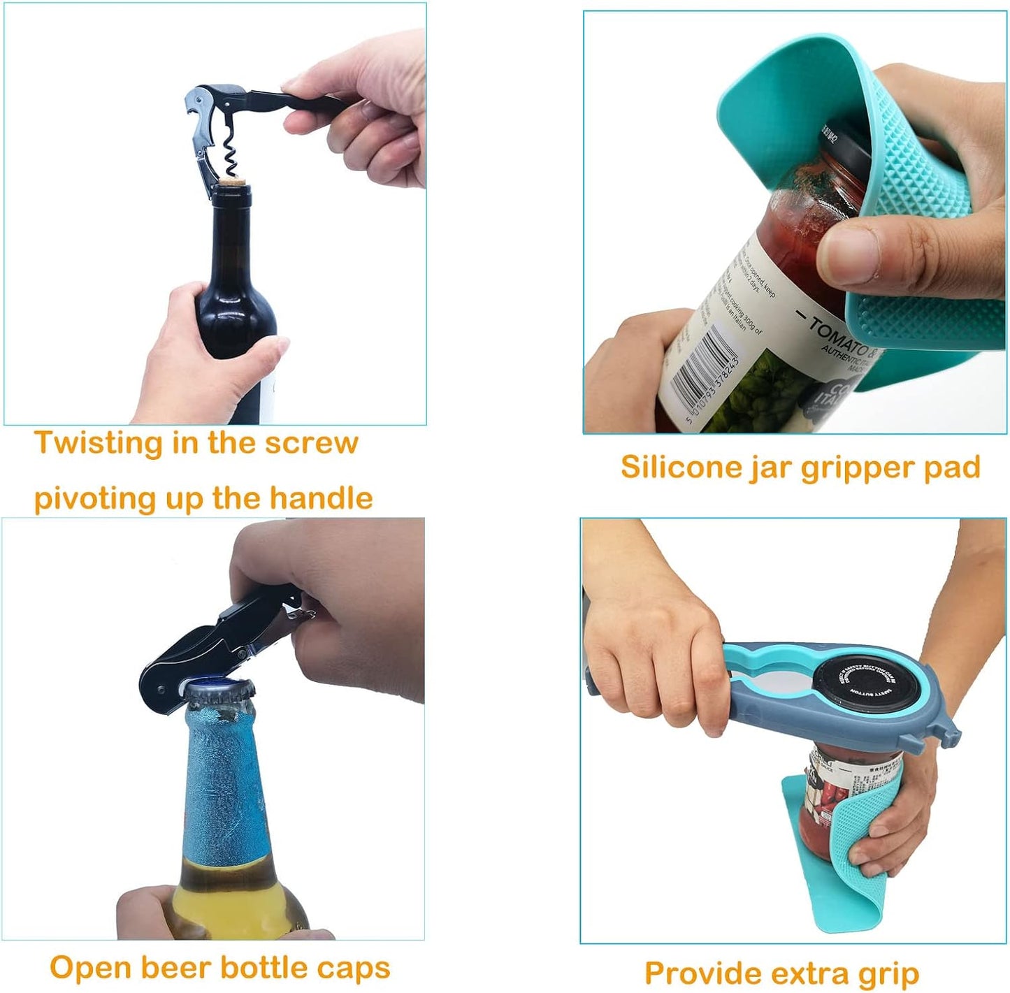 Latest Jar Opener Bottle Opener for Seniors with Arthritis,Weak Hands, Jar Lid Opener Tool with Rubber Jar Gripper Pad and Corkscrew Wine Opener