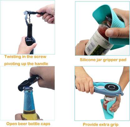Latest Jar Opener Bottle Opener for Seniors with Arthritis,Weak Hands, Jar Lid Opener Tool with Rubber Jar Gripper Pad and Corkscrew Wine Opener