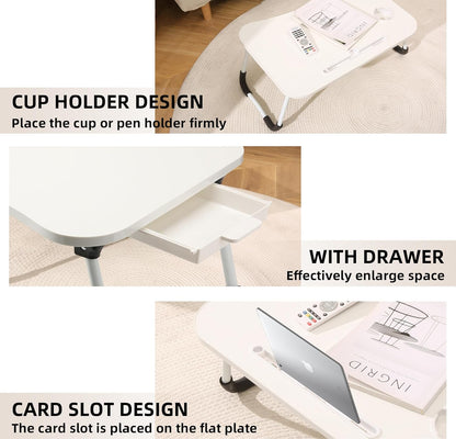 EAQ Laptop Bed Desk,Bed Table Portable Foldable Laptop Bed Tray Table with Cup Holder/Storage Drawer/Bookshelf Board for Bed/Couch/Sofa Working, Reading (White)