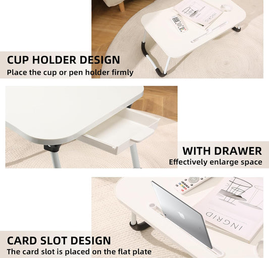 EAQ Laptop Bed Desk,Bed Table Portable Foldable Laptop Bed Tray Table with Cup Holder/Storage Drawer/Bookshelf Board for Bed/Couch/Sofa Working, Reading (White) - PuriLite