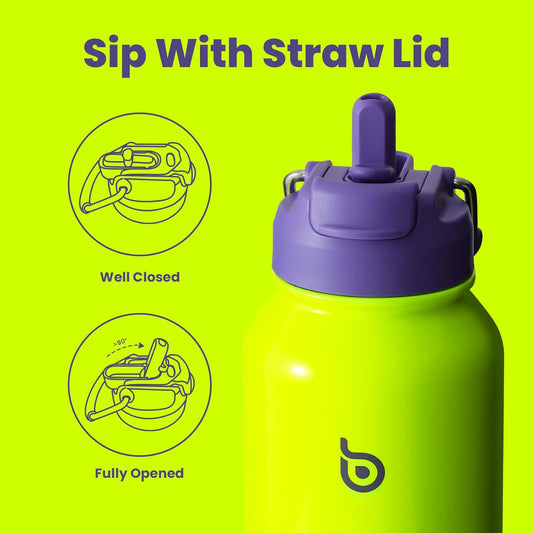 BOTTLE BOTTLE 40 oz Sports Water Bottle Stainless Steel Insulated with Straw and Pill Holder (Neon Yellow) - PuriLite