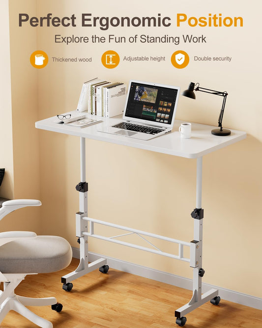 Amztabler Small Standing Desk Adjustable Height, Mobile Stand Up Desk with Wheels, 32 Inch Portable Rolling Desks for Walking Pad Treadmill White1 - PuriLite