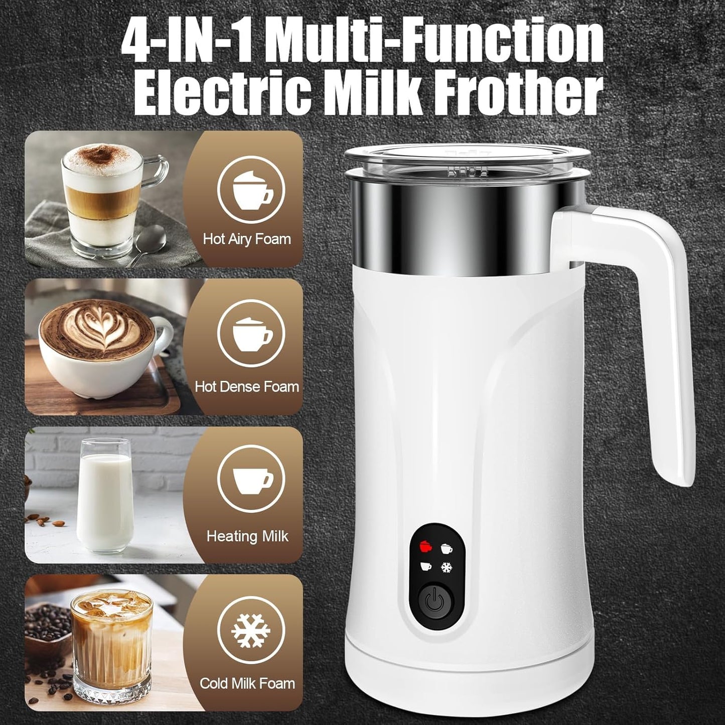 Milk Frother, Upgraded 4 in 1 Milk Steamer, 10.1oz/300ml Automatic Hot and Cold Milk Frother and Milk Warmer, Milk Frother Electric for Latte, Cappuccino, Macchiato, Hot Chocolate (White)