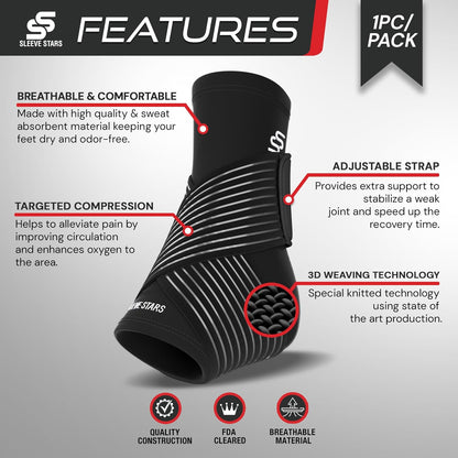 Sleeve Stars Ankle Brace for Plantar Fasciitis Relief, Ankle Wrap & Ankle Brace for Women & Men w/ Ankle Support Strap for Sprain, Ankle Protector Sleeve, Heel Brace for Heel Pain Foot Brace (Single/Black)