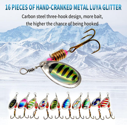 16 Pcs Fishing Lures Spinner Bait with Treble Hooks for Bass Trout Salmon Fishing Tackle Spinnerbait Spoons Metal Sequins Spinners Baits Fishing Bait for Freshwater Saltwater Fishing