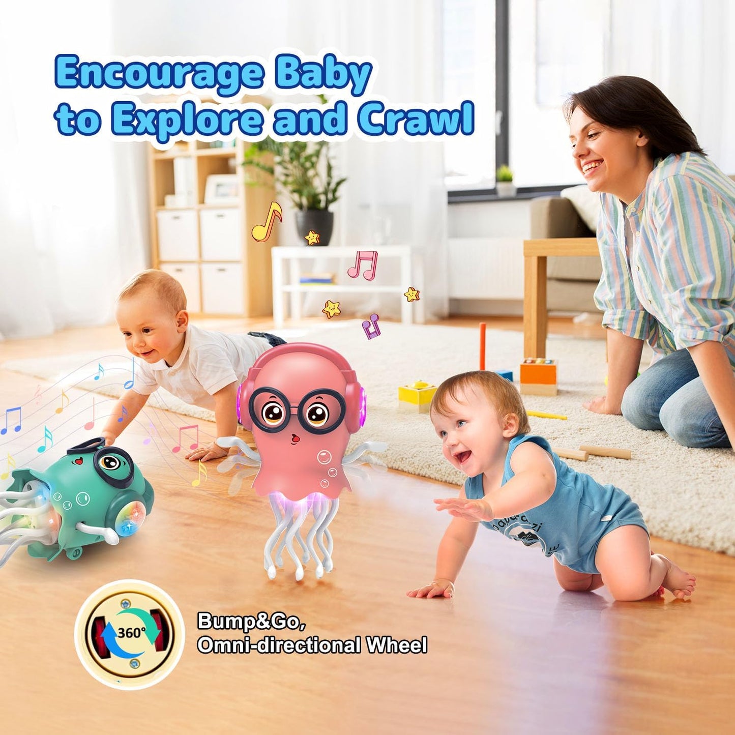 Dancing Jellyfish Crawling Toy with Lights & Music – Interactive Tummy Time Sensory Toy for for Kids – Ages 3–8 - PuriLite