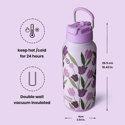 Bottle Bottle 32oz Insulated Water Bottle Stainless Steel Sport Water Bottle with Straw Dual-use Lid Design for Gym with Pill Box (Purple Tulips)