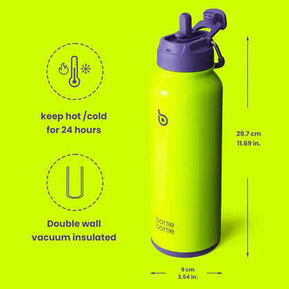 BOTTLE BOTTLE 40 oz Sports Water Bottle Stainless Steel Insulated with Straw and Pill Holder (Neon Yellow)