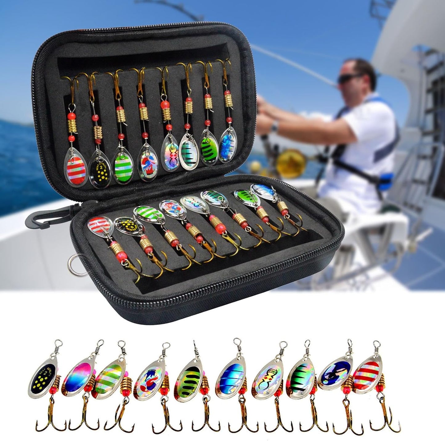16 Pcs Fishing Lures Spinner Bait with Treble Hooks for Bass Trout Salmon Fishing Tackle Spinnerbait Spoons Metal Sequins Spinners Baits Fishing Bait for Freshwater Saltwater Fishing