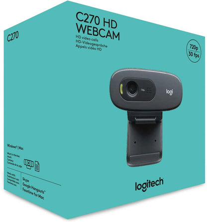 Logitech C270 HD Webcam, HD 720p/30 fps, Widescreen HD Video Calling, HD Light Correction, Noise Reducing Mic, For Skype, FaceTime, Hangouts, WebEx, PC/Mac/Laptop/Macbook/Tablet - Black