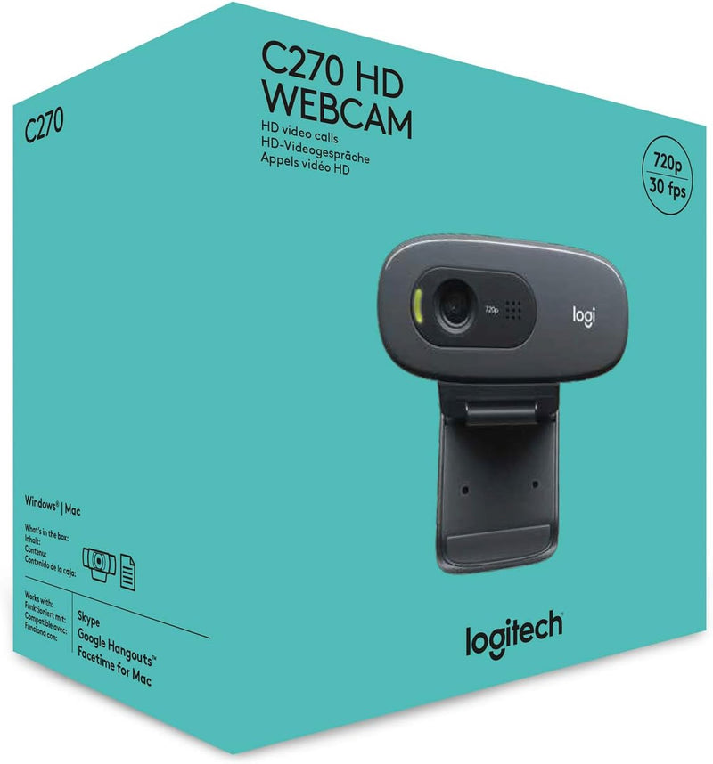 Logitech C270 HD Webcam, HD 720p/30 fps, Widescreen HD Video Calling, HD Light Correction, Noise Reducing Mic, For Skype, FaceTime, Hangouts, WebEx, PC/Mac/Laptop/Macbook/Tablet - Black