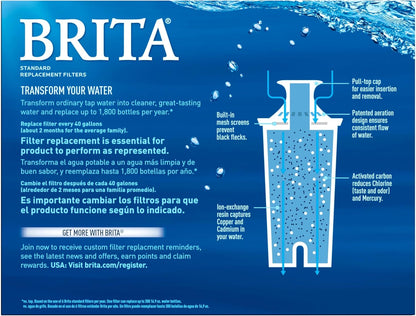 Brita Standard Replacement Filter, Reduces Contaminants while keeping healthy minerals, Certified by WQA to reduce Chlorine for improved taste, Made without BPA, Replace after 151 litres, 3 Count