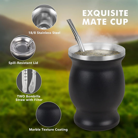 9Oz Yerba Mate Cup, Yerba Mate Gourd Set-Stainless Steel Modern Mate Cup, 2 Bombilla Mate Straws, Cleaning Brush and BPA Free Lid, Double-Walled and Hot&Cold Drink, Mate Gourd for Mate Tea, Coffee