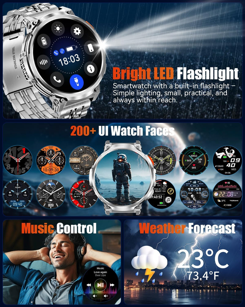 PODOEIL 1.85" Big Screen Military Smart Watch for Men with Flashlight, 730mAh Large Battery, IP68 Waterproof, Bluetooth Calling, 114 Sports Modes Fitness Tracker for iOS Android