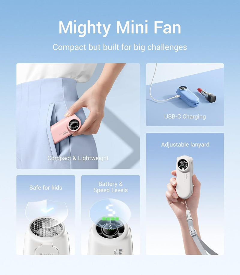 Diveblues TurboBear Mini Turbo Portable Fan, Powerful 8.8m/s Speed, Ultra-Light 86.5g Handheld Fan, 5 Speeds Cooling, Rechargeable Battery Powered, Pocket Sized, Cute Gifts Travel Essentials For Women