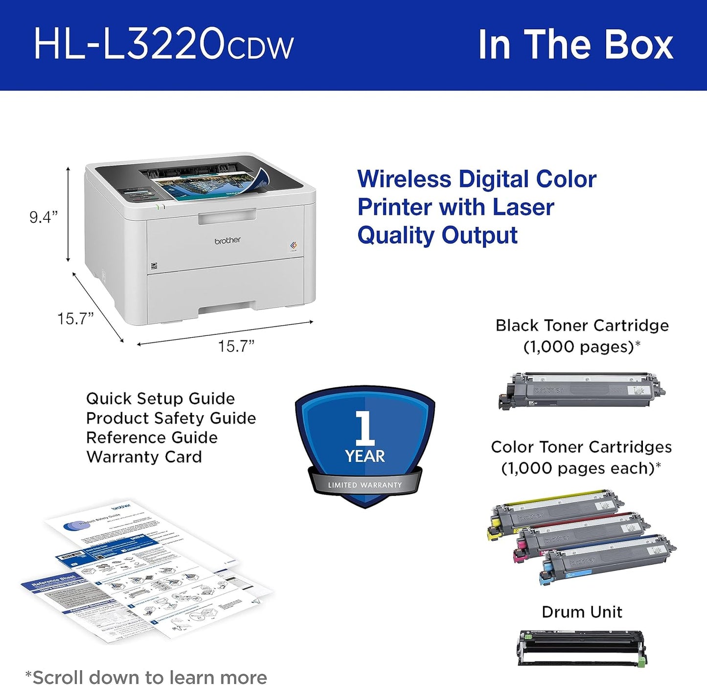 Brother HL-L3220CDW Wireless Compact Digital Colour Printer with Laser Quality Output, Duplex and Mobile Device Printing