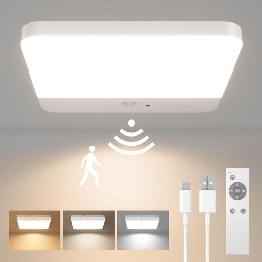 Motion Sensor Ceiling Light Fixture Rechargeable Battery Operated Cordless LED Flush Mount Light with Remote Control and 3 Color Temperatures for Bathroom Closet Garage Stair - PuriLite