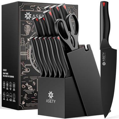 Kitchen Knife Set: 15 PCS Knife Set with Bulti-in Sharpener Block - Stainless Steel Knife Block Set - Dishwasher Safe Knives Sets for Kitchen, Black, Elegant Box