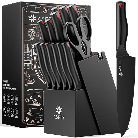 Kitchen Knife Set: 15 PCS Knife Set with Bulti-in Sharpener Block - Stainless Steel Knife Block Set - Dishwasher Safe Knives Sets for Kitchen, Black, Elegant Box