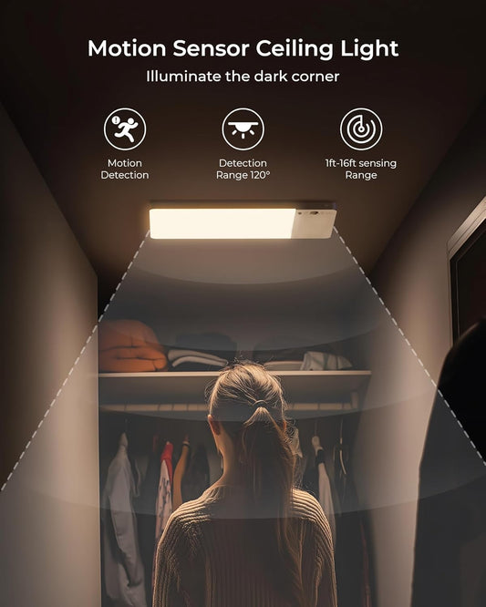 Rechargeable Motion Sensor Ceiling Light with 12000mAh Battery Cordless LED Ceiling Lamp with Remote Control and 3 Color Temperatures for Bathroom Closet Garage Pantry - PuriLite