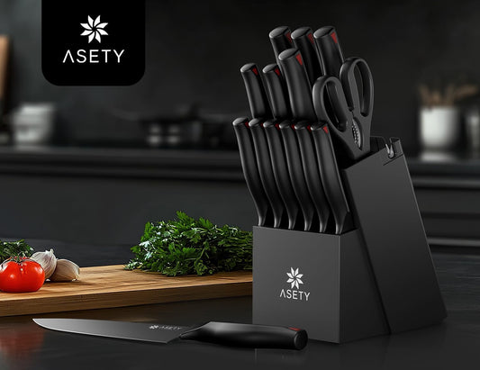 Kitchen Knife Set: 15 PCS Knife Set with Bulti-in Sharpener Block - Stainless Steel Knife Block Set - Dishwasher Safe Knives Sets for Kitchen, Black, Elegant Box - PuriLite