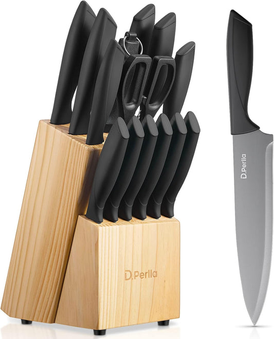 D.Perlla Knife Set, 15-Piece Kitchen Knife Set with Wooden Block, High Carbon Stainless Steel Knife Block Set with BO Oxidation Technology, Anti-Rusting & Anti-Corrosion Cutlery Knife Set