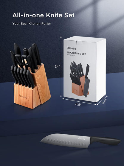 D.Perlla Knife Set, 15-Piece Kitchen Knife Set with Wooden Block, High Carbon Stainless Steel Knife Block Set with BO Oxidation Technology, Anti-Rusting & Anti-Corrosion Cutlery Knife Set
