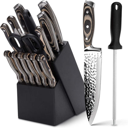 Knife Sets for Kitchen (15 Pieces), Hammered Desgin Knife Set with Block and Sharpener, High Carbon Stainless Steel Chef Knives with Grey Triple Rivet Handle, Ultra Sharp and Dishwash Safe