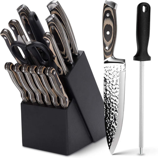 Knife Sets for Kitchen (15 Pieces), Hammered Desgin Knife Set with Block and Sharpener, High Carbon Stainless Steel Chef Knives with Grey Triple Rivet Handle, Ultra Sharp and Dishwash Safe